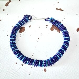 Navy and Teal Beaded Rope Bracelet, 8.5"